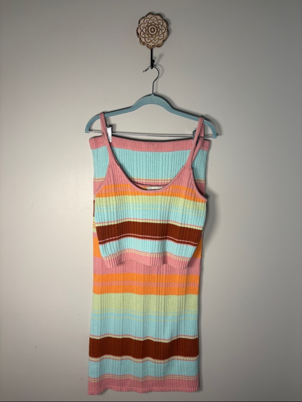 Freshman Pastel Striped Knit Tank Top and Skirt Set - Pink, Mint, Yellow, Orange